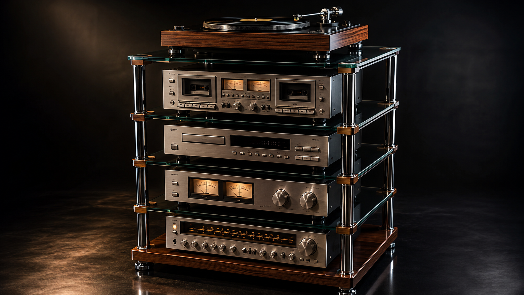 1980s chrome, glass, and wood stereo rack with turntable